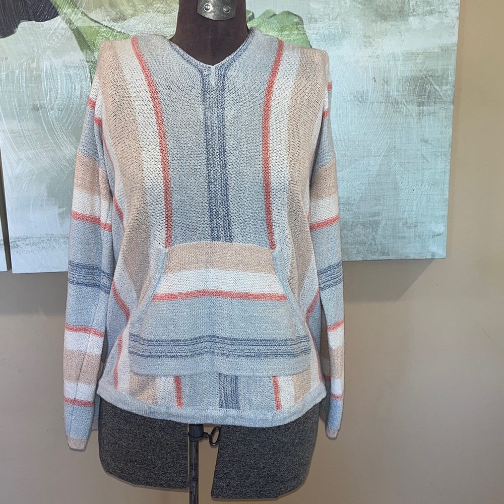 Hem & Thread Ribbed pastel Striped Hooded Top like new szM w/front pocket